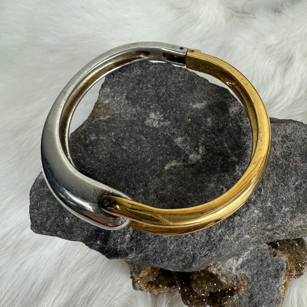 Two Tone Silver Gold Clamp Hinged Bangle Bracelet - Picture 3 of 5